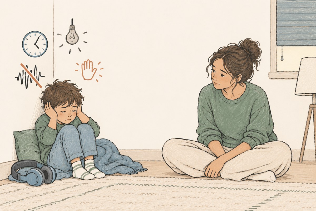 Ilustración de un niño sentado en el suelo de un rincón del salón, encogido y con las manos en las orejas, y su madre sentada cerca en el suelo, acompañándolo en silencio sin tocarlo, con la luz baja.