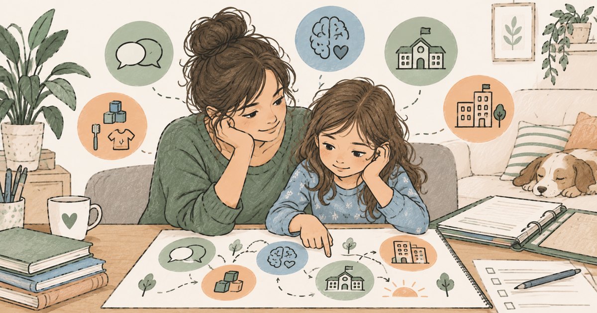 Ilustración de una madre y su hija sentadas a la mesa del salón, mirando juntas un mapa dibujado a mano con iconos de comunicación, aprendizaje, colegio y servicios. La niña señala uno de ellos con el dedo.